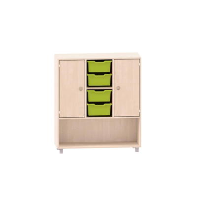 Sideboard mit 2 Böden, oben links und rechts Türen, in der Mitte 4 ABS-Boxen und unten freies Fach