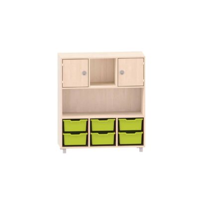 Sideboard mit 2 Böden, oben 2 Türen links und rechts, mittig frei und unten 6 ABS-Boxen