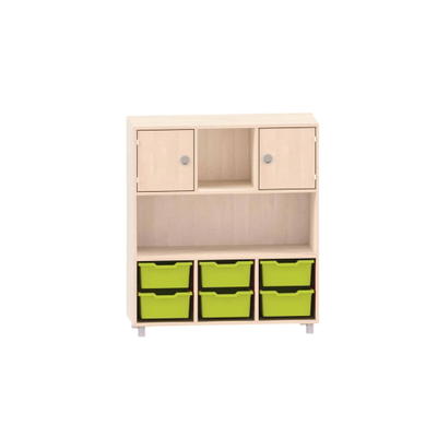 Sideboard mit 2 Böden, oben 2 Türen links und rechts, mittig frei und unten 6 ABS-Boxen