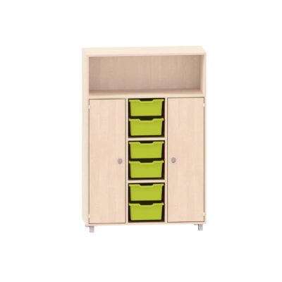 Sideboard mit 3 Böden, oben freies Fach, unten links und rechts je eine Tür und in der Mitte 6 ABS-Boxen