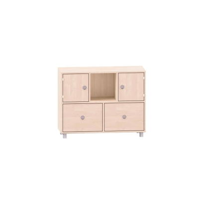 Sideboard mit einem Boden, oben links und rechts Türen, Mitte freies Fach und unten zwei Schubkästen