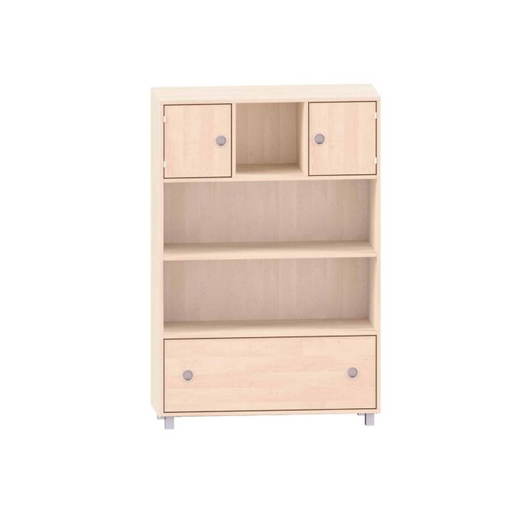 MKS115 Schrank mit 3 Böden, oben links und rechts je eine Tür, mittig freie Fächer und unten ein Schubkasten - MKS115