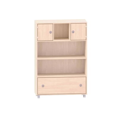 Schrank mit 3 Böden, oben links und rechts je eine Tür, mittig freie Fächer und unten ein Schubkasten