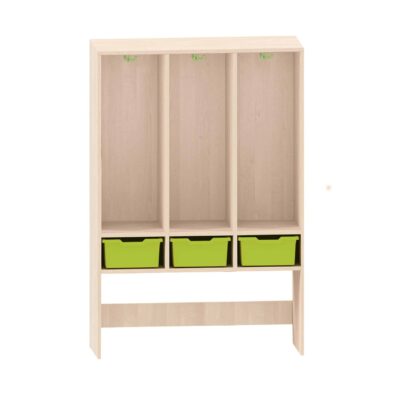 Garderobenregal mit 3 getrennten Fächern oben und 3 ABS-Boxen unten
