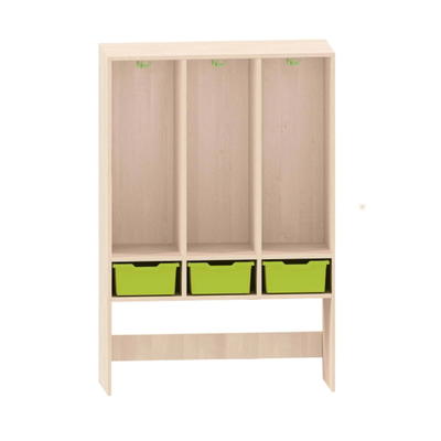 Garderobenregal mit 3 getrennten Fächern oben und 3 ABS-Boxen unten
