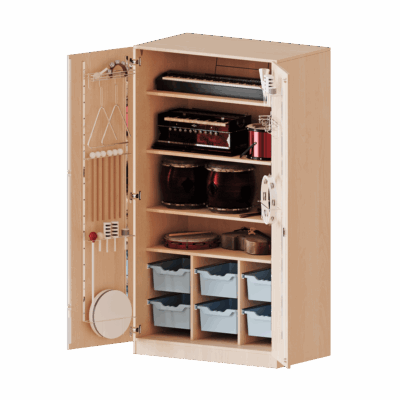 Musikschrank, 5 Ordnerhöhen - Türen mit Instrumentenhalterungen und 6 hohen ErgoTray Boxen - Serie evo180