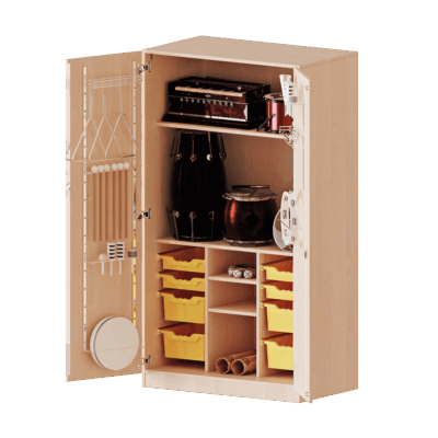 Musikschrank, 5 Ordnerhöhen - Türen mit Instrumentenhalterungen und 8 ErgoTray Boxen - Serie evo180