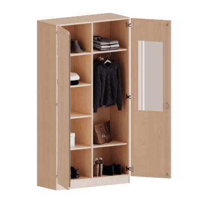 Garderobenschrank mit Spiegel und Garderobenstange, eine Seite Garderobe, eine Seite Fachböden - Serie evo180