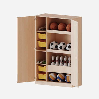 Sportschrank, 5 Ordnerhöhen – 4 hohe ErgoTray-Boxen, Ballfach – Serie evo180