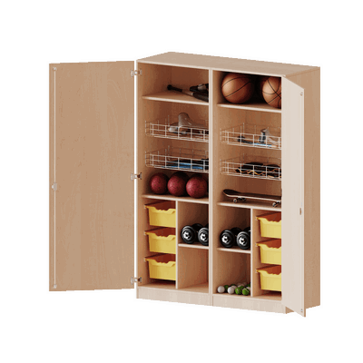 Sportschrank, 5 Ordnerhöhen – 4 Ballkörbe, 6 hohe ErgoTray-Boxen – Serie evo180