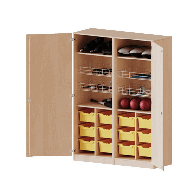 Sportschrank, 5 Ordnerhöhen – 4 Ballkörbe, 12 hohe ErgoTray-Boxen – Serie evo180