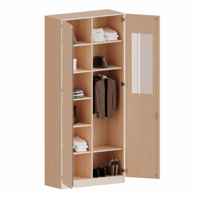 Garderobenschrank 2 Türen abschließbar mit Mittelwand, Spiegel und Garderobenstange, 6 Ordnerhöhen - Serie evo180