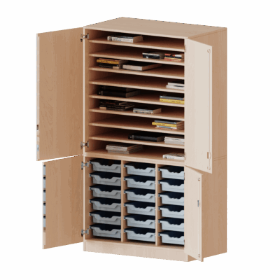 Bastelschrank 4-türig mit 18 flachen ErgoTray Boxen, zweiteilig - Serie evo180