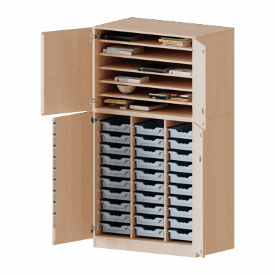 Bastelschrank 4-türig mit 30 flachen ErgoTray Boxen, zweiteilig - Serie evo180