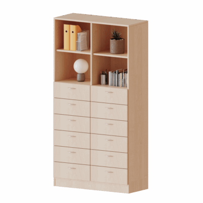 Schubladen - Kombischrank, 5 Ordnerhöhen - 12 Schubladen unten, oben 4 offene Fächer - Serie evo180