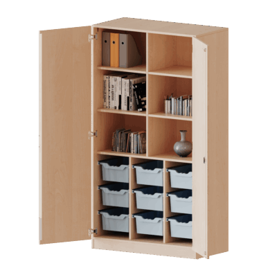 ErgoTray Schrank, dreireihig, 5 Ordnerhöhen - mit Mittelwand und 9 hohen ErgoTray-Boxen - evo180 Serie