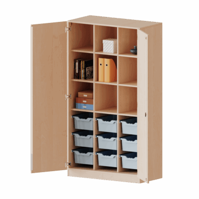 ErgoTray Schrank, dreireihig, 5 Ordnerhöhen - mit 2 Mittelwänden und 9 hohen ErgoTray-Boxen - evo180 Serie