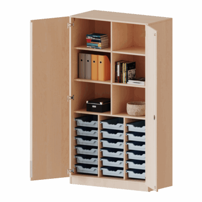 ErgoTray Schrank, dreireihig, 5 Ordnerhöhen - mit Mittelwand und 18 flachen ErgoTray-Boxen - evo180 Serie