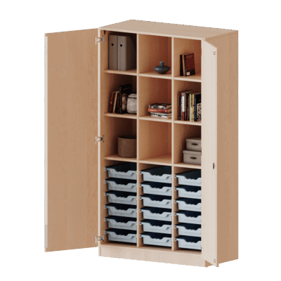 ErgoTray Schrank, dreireihig, 5 Ordnerhöhen - mit 2 Mittelwänden und 18 flachen ErgoTray-Boxen - evo180 Serie