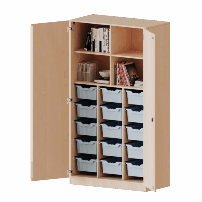 ErgoTray Schrank, dreireihig, 5 Ordnerhöhen - mit Mittelwand und 15 hohen ErgoTray-Boxen - evo180 Serie