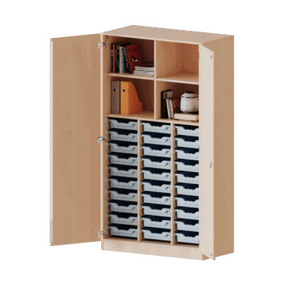 ErgoTray Schrank, dreireihig, 5 Ordnerhöhen - mit Mittelwand und 30 flachen ErgoTray-Boxen - evo180 Serie