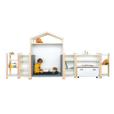 Leseregal Rückzugskombination mit Ausgleichsregal, Rückzugshaus und Regalen