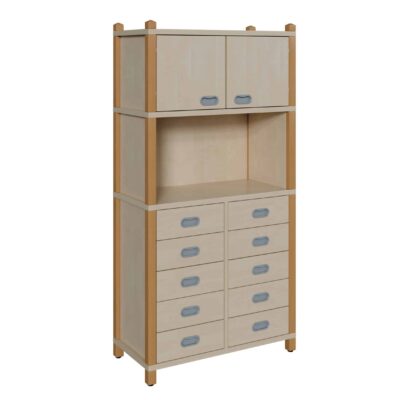 Stollenschrank mit 10 Dekorschüben und Oberschrank