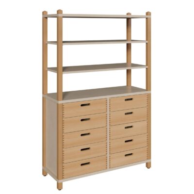 Stollenschrank mit 10 Massivholzschüben und Regalaufsatz Breite 106 cm