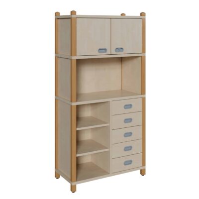 Stollenschrank mit 5 Dekorschüben, Regal und Oberschrank