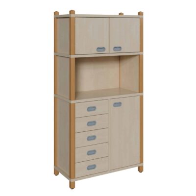 Stollenschrank mit 5 Dekorschüben, Tür und Oberschrank