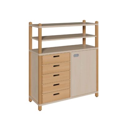 Stollenschrank mit 5 Massivholzschüben, 1 Tür und Regalaufsatz