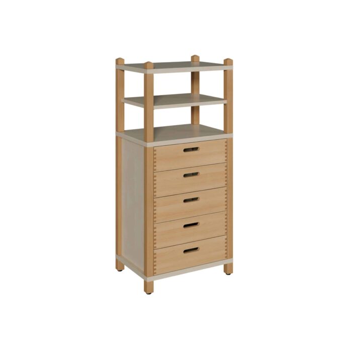 Stollenschrank mit 5 Massivholzschüben und Regalaufsatz Breite 56 cm