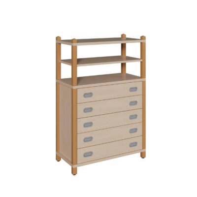 Stollenschrank mit 5 breiten Dekorschüben und Regalaufsatz