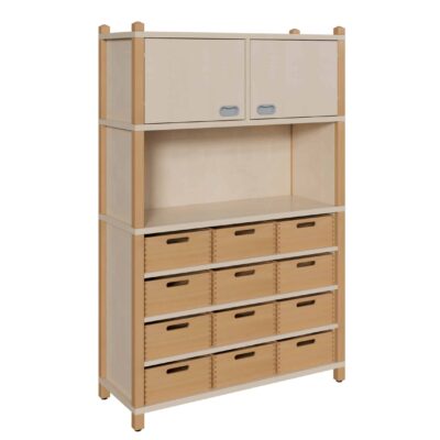 Stollenschrank mit großen Massivholzkästen und Oberschrank