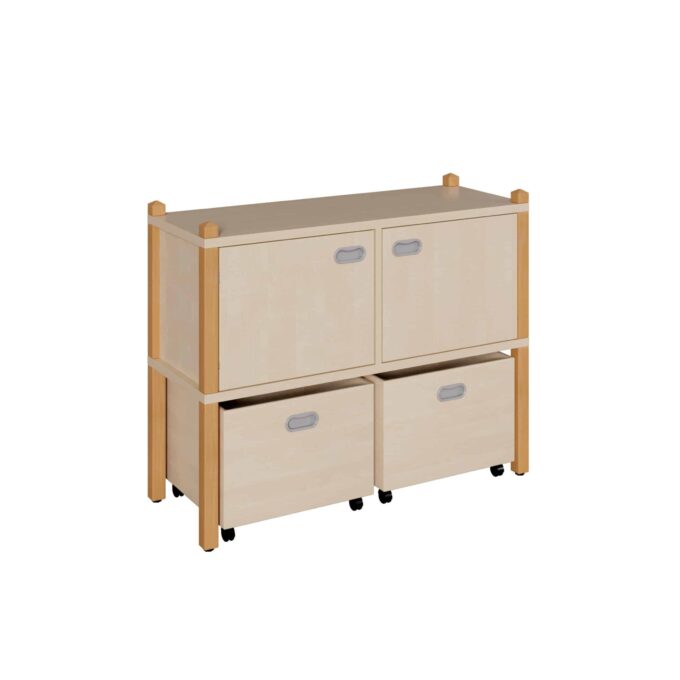 Stollenschrank mit hoher Sockelnische, Rollkästen und 2 Türen1