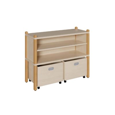 Stollenschrank mit hoher Sockelnische, zwei Fächern und Rollkasten