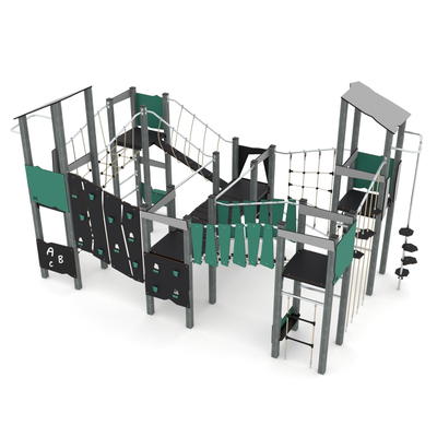 Große Spielturm-Anlage mit Balancierbrücken, Hangelelementen, Kletterelementen und 6 Plattformen – RECYCLED RC1413