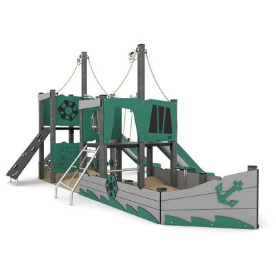 Spielschiff mit 2 Türmen und Rutschen, Sandkasten, Kletterelementen – RECYCLED RC1415