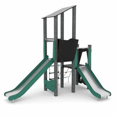 Spielturm mit Kletterelementen und 2 Rutschen und Plattformen RECYCLED RC1406