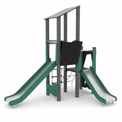 Spielturm mit Kletterelementen und 2 Rutschen und Plattformen RECYCLED RC1406