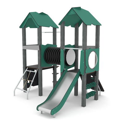 Spielturm mit Kriechtunnel, Kletterelementen, Rutsche und 2 Plattformen RECYCLED RC1407