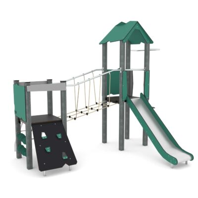 Spielturm mit Wackelbrücke, Kletterelementen, Rutsche und 2 Plattformen RECYCLED RC1408