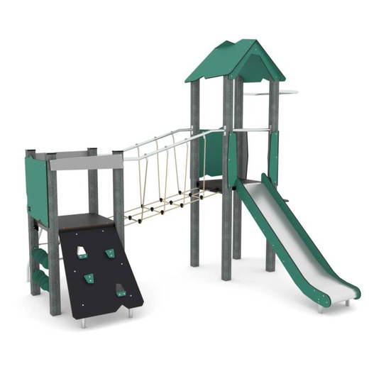 rc14081s Spielturm mit Wackelbrücke, Kletterelementen, Rutsche und 2 Plattformen RECYCLED RC1408 - rc14081s