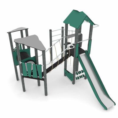 Spielturm-Anlage mit Balancierbrücke, Kletterelementen, Kriechrohr, Rutsche und 3 Plattformen RECYCLED RC1409