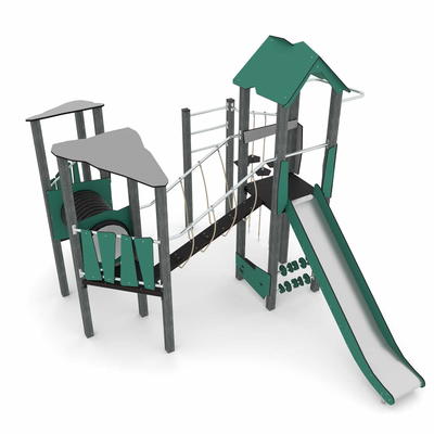 Spielturm-Anlage mit Balancierbrücke, Kletterelementen, Kriechrohr, Rutsche und 3 Plattformen RECYCLED RC1409