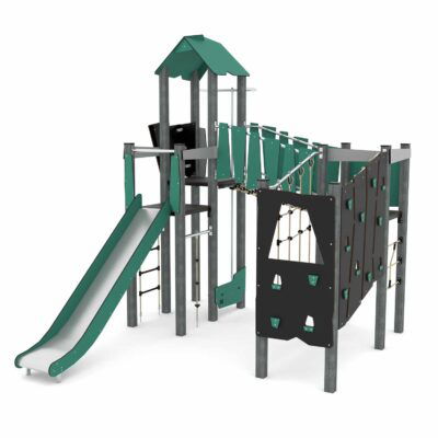 Spielturm-Anlage mit Brücke, Kletterelementen, Rutsche und 3 Plattformen RECYCLED RC1410
