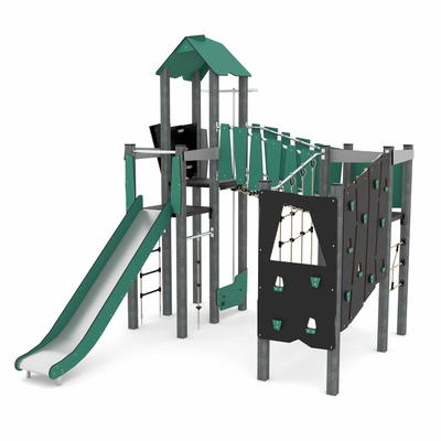 Spielturm-Anlage mit Brücke, Kletterelementen, Rutsche und 3 Plattformen RECYCLED RC1410