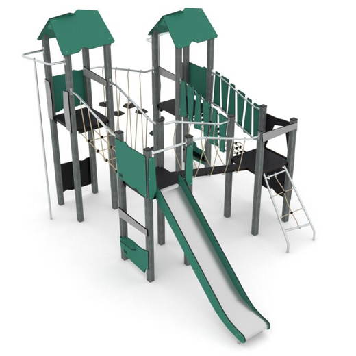 Spielturm-Anlage mit Balancierbrücken, Kletterelementen, Rutsche und 4 Plattformen – RECYCLED RC1411 - rc14111s