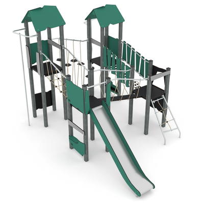 Spielturm-Anlage mit Balancierbrücken, Kletterelementen, Rutsche und 4 Plattformen – RECYCLED RC1411