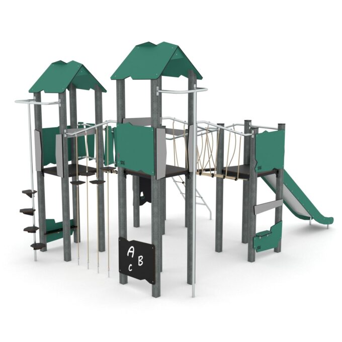 Spielturm-Anlage mit Balancierbrücken, Kletterelementen, Rutsche und 4 Plattformen – RECYCLED RC1411 - rc14112s